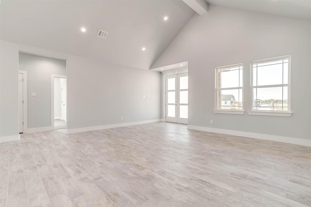 580 Highview Ct, Godley, TX 76044 - spare room featuring beam ceiling, recessed lighting, high vaulted ceiling, light wood-style flooring, and baseboards