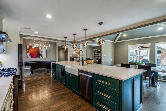 2021 Wing Point Ln, Plano, TX 75093 - kitchen featuring stainless steel dishwasher, green cabinetry, a sink, dark wood finished floors, and crown molding