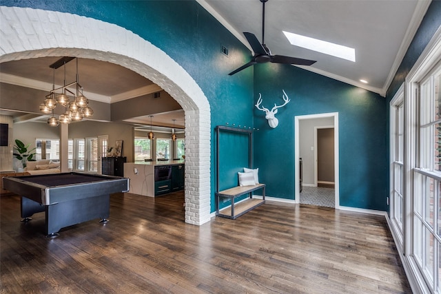 2021 Wing Point Ln, Plano, TX 75093 - rec room with crown molding, a ceiling fan, wood finished floors, lofted ceiling, and baseboards