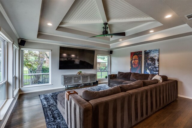 2021 Wing Point Ln, Plano, TX 75093 - living room featuring a tray ceiling, baseboards, wood finished floors, a ceiling fan, and crown molding