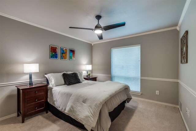 2021 Wing Point Ln, Plano, TX 75093 - bedroom featuring ornamental molding, baseboards, light carpet, and ceiling fan