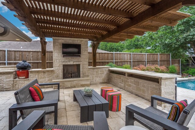 2021 Wing Point Ln, Plano, TX 75093 - fenced backyard featuring an outdoor living space with a fireplace, a patio, and a pergola