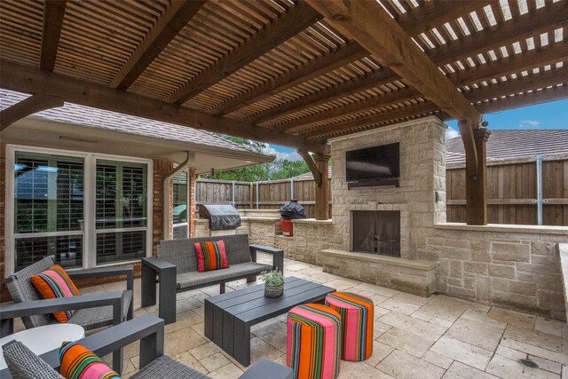 2021 Wing Point Ln, Plano, TX 75093 - fenced backyard featuring a patio, an outdoor living space with a fireplace, area for grilling, and a pergola