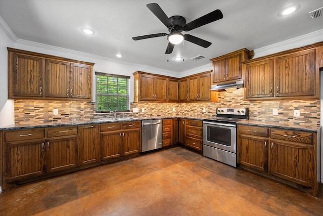 604 Donna Cir, Kerens, TX 75144 - kitchen with appliances with stainless steel finishes, concrete flooring, under cabinet range hood, decorative backsplash, and ceiling fan