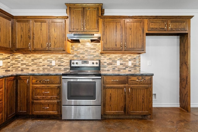 604 Donna Cir, Kerens, TX 75144 - kitchen featuring stainless steel range with electric cooktop, range hood, finished concrete flooring, backsplash, and brown cabinets
