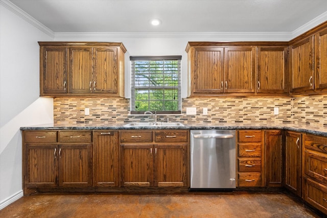 604 Donna Cir, Kerens, TX 75144 - kitchen with stainless steel dishwasher, ornamental molding, backsplash, dark stone countertops, and concrete flooring
