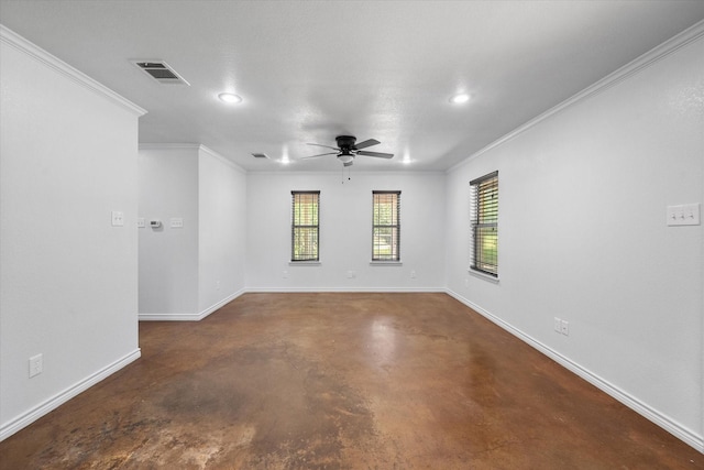 604 Donna Cir, Kerens, TX 75144 - spare room featuring a ceiling fan, ornamental molding, finished concrete flooring, and recessed lighting
