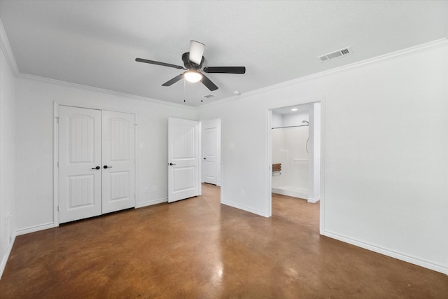 604 Donna Cir, Kerens, TX 75144 - unfurnished bedroom with concrete flooring, crown molding, a closet, ceiling fan, and ensuite bathroom