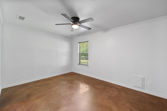 604 Donna Cir, Kerens, TX 75144 - empty room with concrete floors, a ceiling fan, and ornamental molding