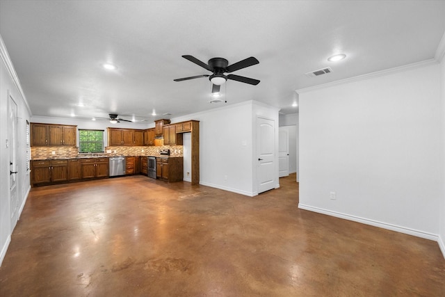 604 Donna Cir, Kerens, TX 75144 - unfurnished living room with ceiling fan, concrete flooring, recessed lighting, and ornamental molding