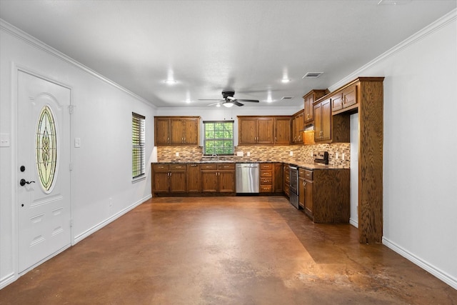 604 Donna Cir, Kerens, TX 75144 - kitchen with appliances with stainless steel finishes, finished concrete flooring, tasteful backsplash, ceiling fan, and brown cabinets