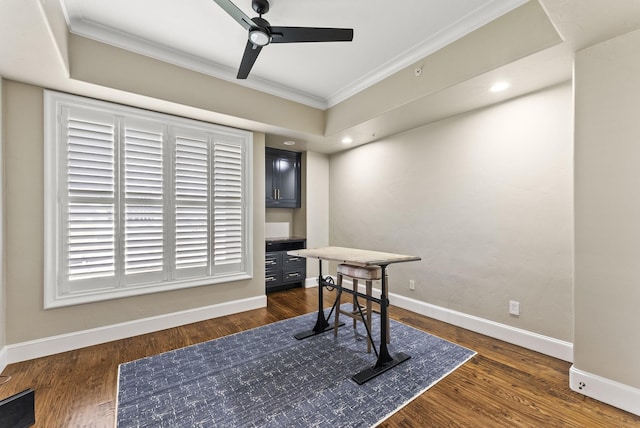 5055 Addison Cir Unit 723, Addison, TX 75001 - home office with ornamental molding, a ceiling fan, baseboards, dark wood-style floors, and recessed lighting