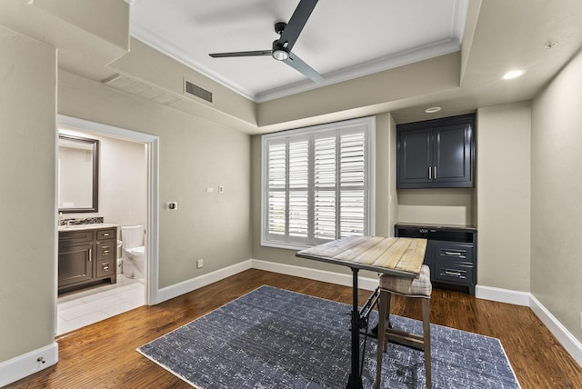 5055 Addison Cir Unit 723, Addison, TX 75001 - office with crown molding, a ceiling fan, wood finished floors, baseboards, and recessed lighting