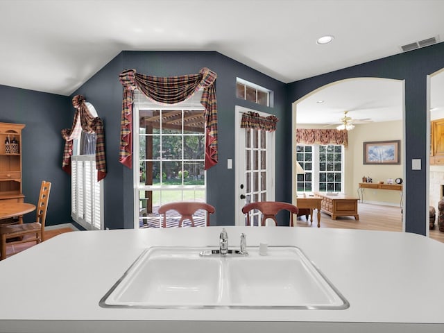 2832 Lincolnshire Dr, Richardson, TX 75082 - kitchen featuring a sink, ceiling fan, recessed lighting, light countertops, and vaulted ceiling