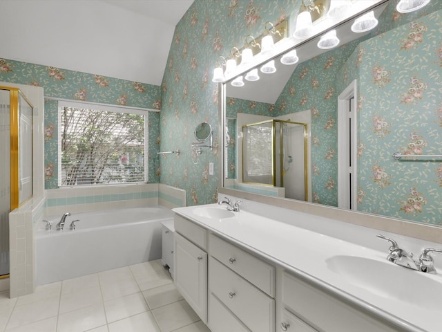 2832 Lincolnshire Dr, Richardson, TX 75082 - full bathroom with tile patterned flooring, a stall shower, a garden tub, double vanity, and vaulted ceiling