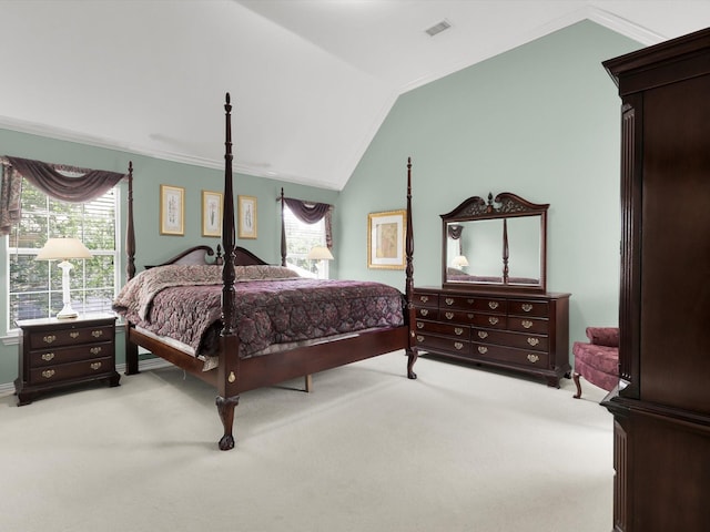 2832 Lincolnshire Dr, Richardson, TX 75082 - bedroom featuring light colored carpet, multiple windows, vaulted ceiling, and ornamental molding