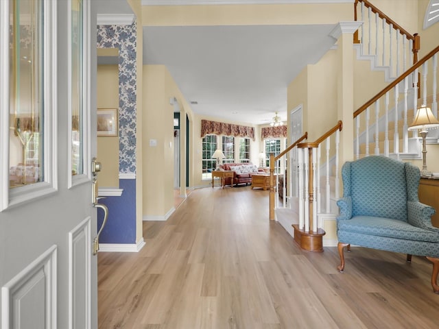 2832 Lincolnshire Dr, Richardson, TX 75082 - entrance foyer featuring wood finished floors, stairway, baseboards, and a ceiling fan