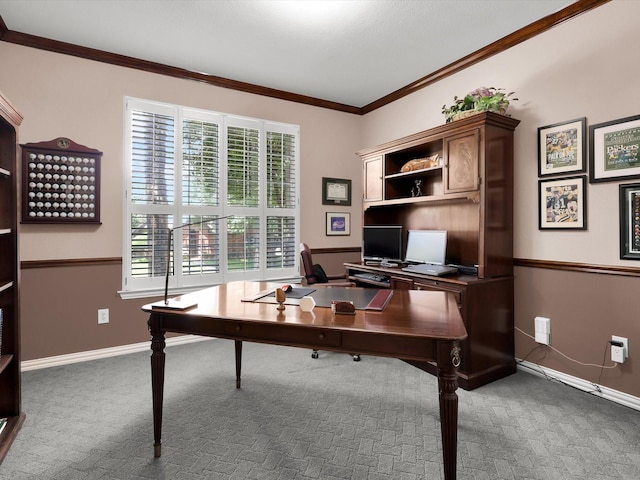 2832 Lincolnshire Dr, Richardson, TX 75082 - carpeted home office featuring ornamental molding and baseboards