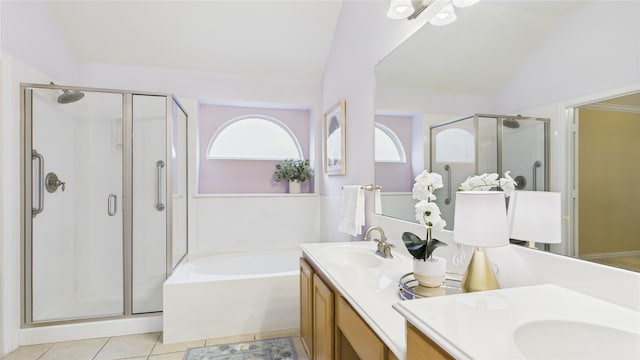 1424 Charleston Dr, Allen, TX 75002 - full bathroom with double vanity, a shower stall, a bath, tile patterned floors, and vaulted ceiling