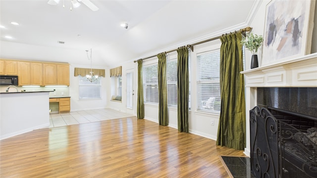 1424 Charleston Dr, Allen, TX 75002 - living area with a chandelier, light wood finished floors, a ceiling fan, baseboards, and recessed lighting