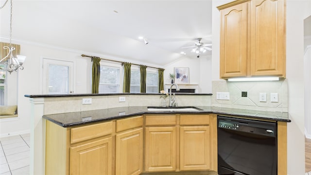 1424 Charleston Dr, Allen, TX 75002 - kitchen featuring dishwasher, a sink, decorative backsplash, ceiling fan, and a chandelier