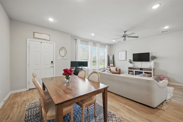 2409 Davenport Dr, Denton, TX 76207 - dining room with light wood-style floors, ceiling fan, recessed lighting, and baseboards