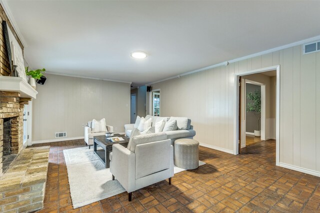 13841 Far Hills Ln, Dallas, TX 75240 - living area featuring ornamental molding, brick flooring, and a brick fireplace