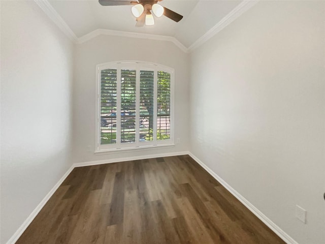 2140 Heather Glen Dr, Rockwall, TX 75087 - unfurnished room featuring ornamental molding, dark wood-style floors, ceiling fan, baseboards, and vaulted ceiling