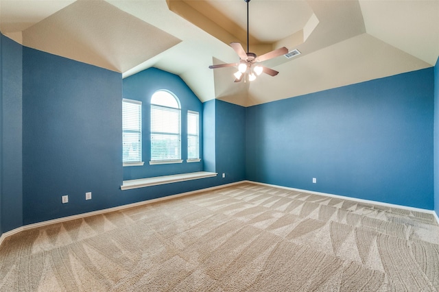 3500 Corkwood Dr, Frisco, TX 75033 - spare room featuring ceiling fan, carpet, lofted ceiling, and baseboards