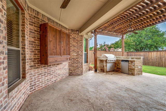 3500 Corkwood Dr, Frisco, TX 75033 - fenced backyard featuring ceiling fan, a pergola, and a patio area