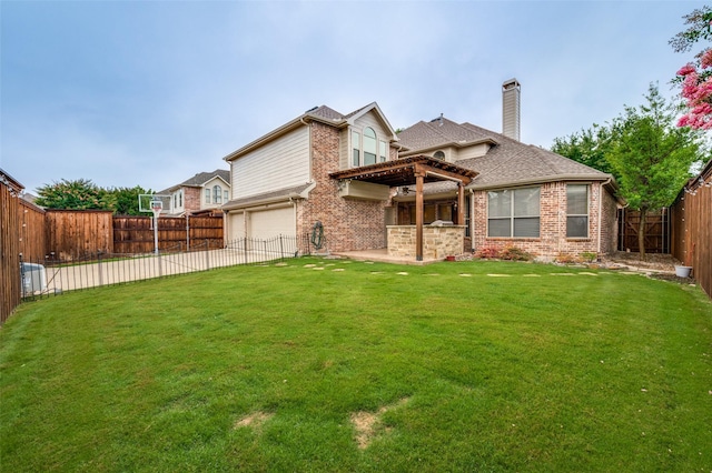 3500 Corkwood Dr, Frisco, TX 75033 - rear view of property with brick siding, a garage, a chimney, and driveway