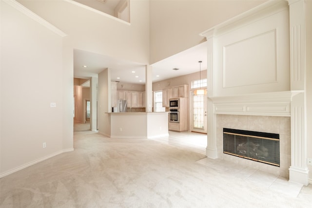 8635 Forest Glen Dr, Irving, TX 75063 - unfurnished living room featuring a fireplace, light colored carpet, recessed lighting, and baseboards