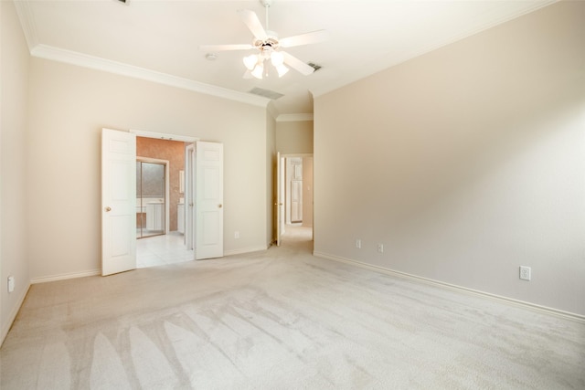 8635 Forest Glen Dr, Irving, TX 75063 - empty room with ornamental molding, light carpet, ceiling fan, and baseboards