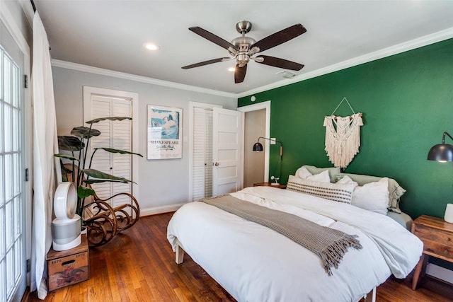 9923 Harwell Dr, Dallas, TX 75220 - bedroom with wood finished floors, ornamental molding, baseboards, recessed lighting, and a ceiling fan