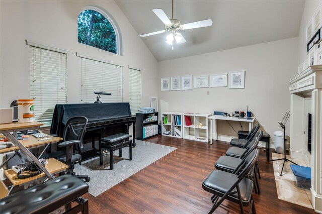 924 Mccoy Dr, Irving, TX 75062 - office space with high vaulted ceiling, wood finished floors, and a ceiling fan