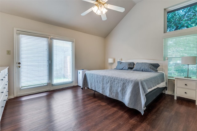 924 Mccoy Dr, Irving, TX 75062 - bedroom with dark wood-type flooring, vaulted ceiling, multiple windows, a ceiling fan, and access to outside
