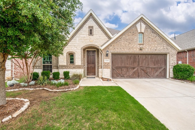 2409 Valley Ln, Carrollton, TX 75010 - french provincial home with a garage, driveway, stone siding, a front lawn, and brick siding