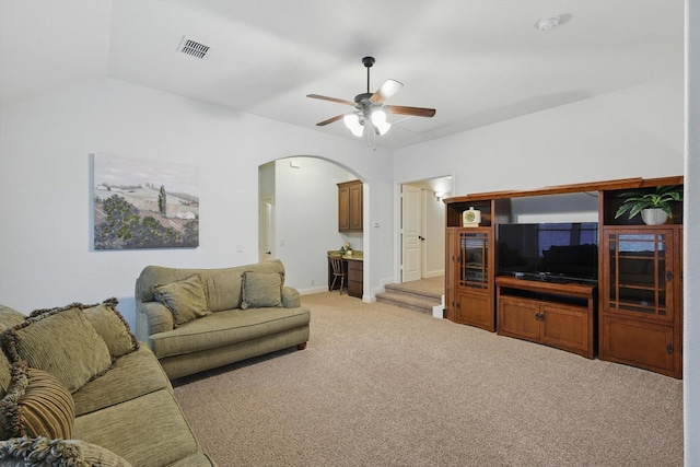 4324 Ashburn Way, Fort Worth, TX 76244 - carpeted living room with arched walkways, a ceiling fan, lofted ceiling, and baseboards