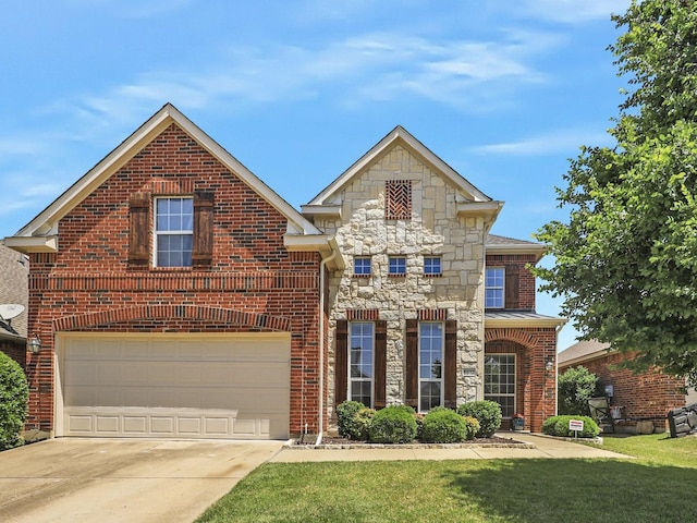 8612 Irwin Ct, Mckinney, TX 75072 - traditional home featuring concrete driveway, a garage, a front lawn, stone siding, and brick siding