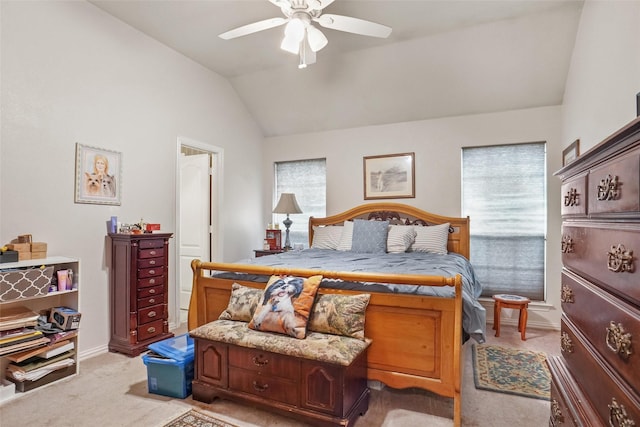 6813 Gregg Rd, Krum, TX 76249 - bedroom featuring light colored carpet, vaulted ceiling, multiple windows, a ceiling fan, and baseboards