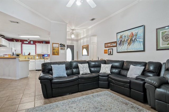6813 Gregg Rd, Krum, TX 76249 - living area featuring ceiling fan, light tile patterned floors, and ornamental molding