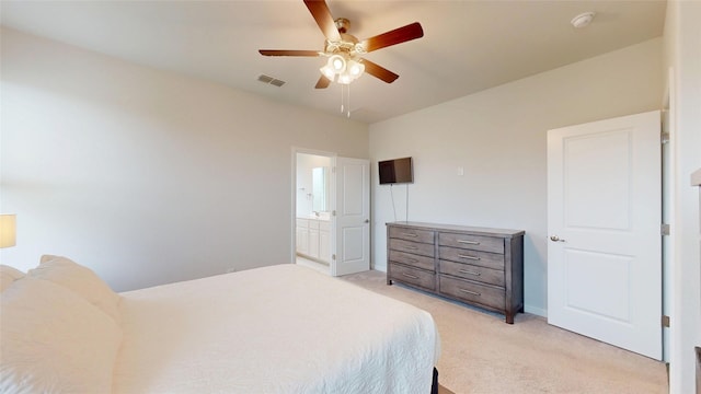 15941 Bronte Ln, Fort Worth, TX 76247 - bedroom featuring light colored carpet, ceiling fan, connected bathroom, and baseboards