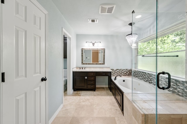 1610 Ottinger Rd, Keller, TX 76262 - bathroom with vanity, a tub with jets, a chandelier, and a stall shower