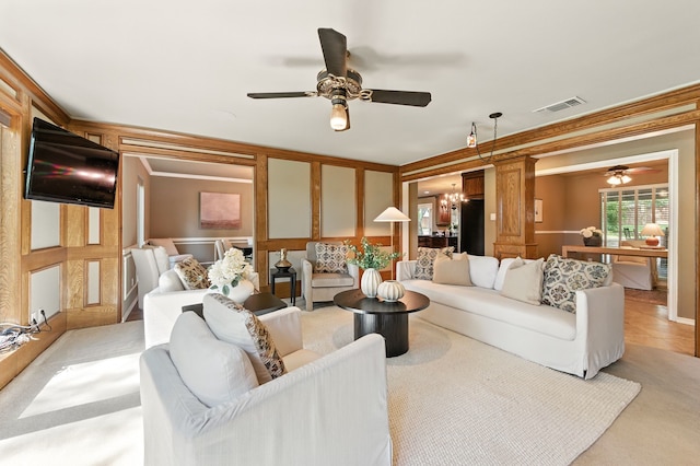 1610 Ottinger Rd, Keller, TX 76262 - living room with a ceiling fan, light carpet, and ornamental molding