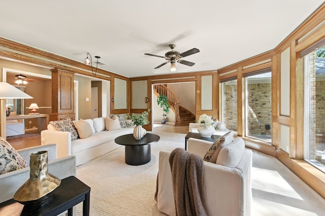 1610 Ottinger Rd, Keller, TX 76262 - living room with ceiling fan, stairs, and light colored carpet