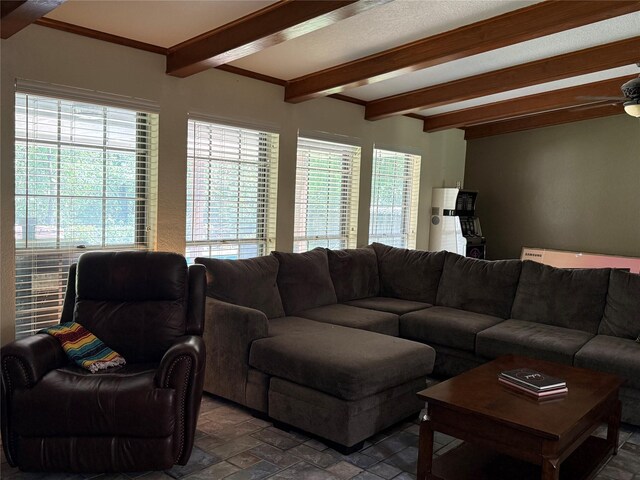 4 Preston Pl, Mineral Wells, TX 76067 - living area with beamed ceiling, stone finish floors, plenty of natural light, and a ceiling fan