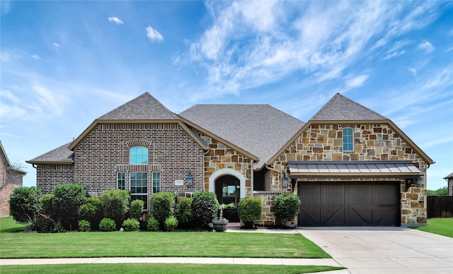 3413 Meridian Dr, Northlake, TX 76226 - view of front facade featuring stone siding, a front lawn, and driveway