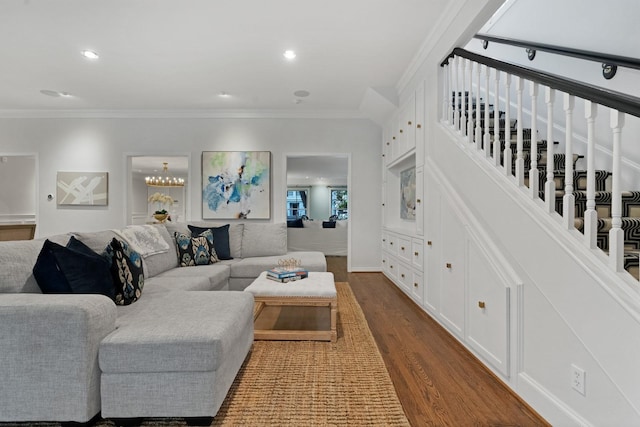 4561 Bordeaux Ave, Highland Park, TX 75205 - living area featuring dark wood-style flooring, crown molding, and recessed lighting