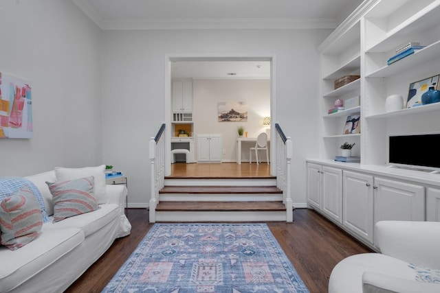 4561 Bordeaux Ave, Highland Park, TX 75205 - living area with dark wood finished floors and ornamental molding