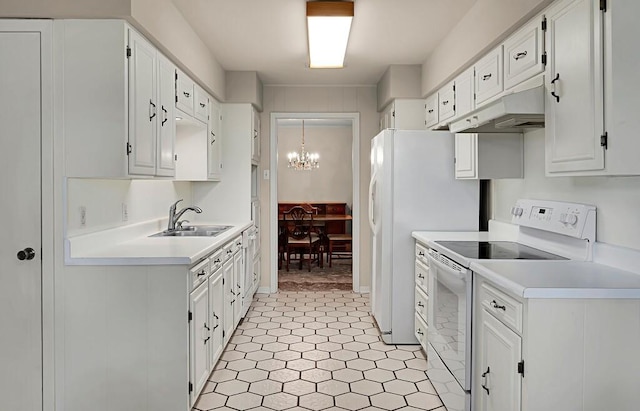 2832 Wooded Acres Dr, Waco, TX 76710 - kitchen featuring white electric range oven, under cabinet range hood, a sink, a chandelier, and light countertops